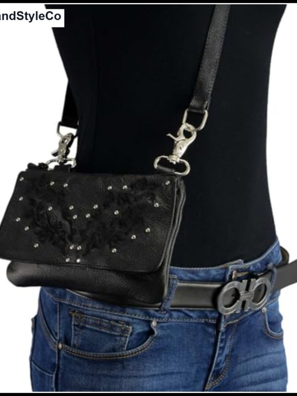 Leather Floral Embroidery Crossbody Waist Bag Belt Bag with Gun Holster